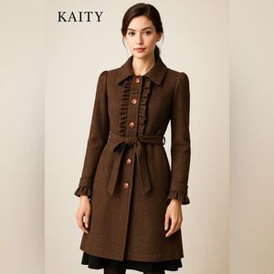 Kaity Brown Speckled Ruffle Front Wool Blend Coat – Size M (NWT!)